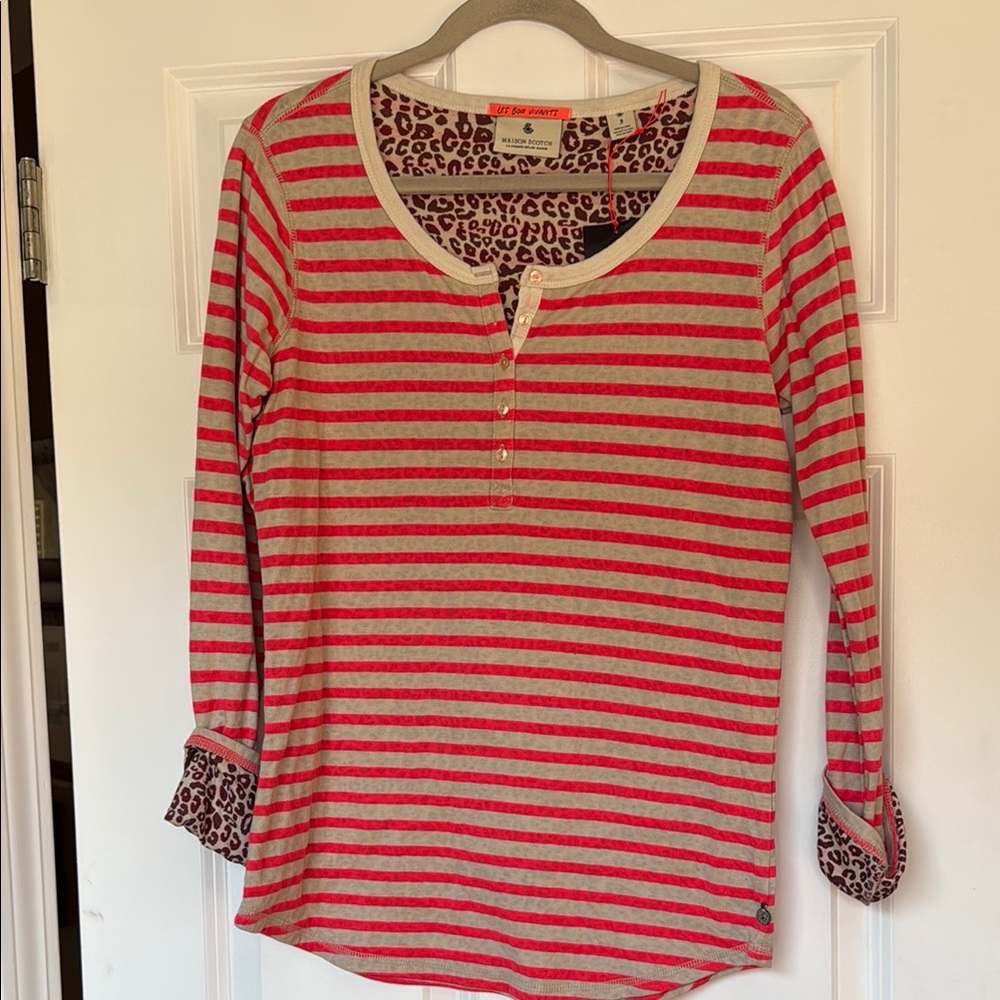 Maison Scotch Hot Pink and Cream Striped Long Sleeve Henley